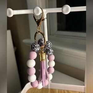 Purple and White Silicone Beaded Keychain with Tassel